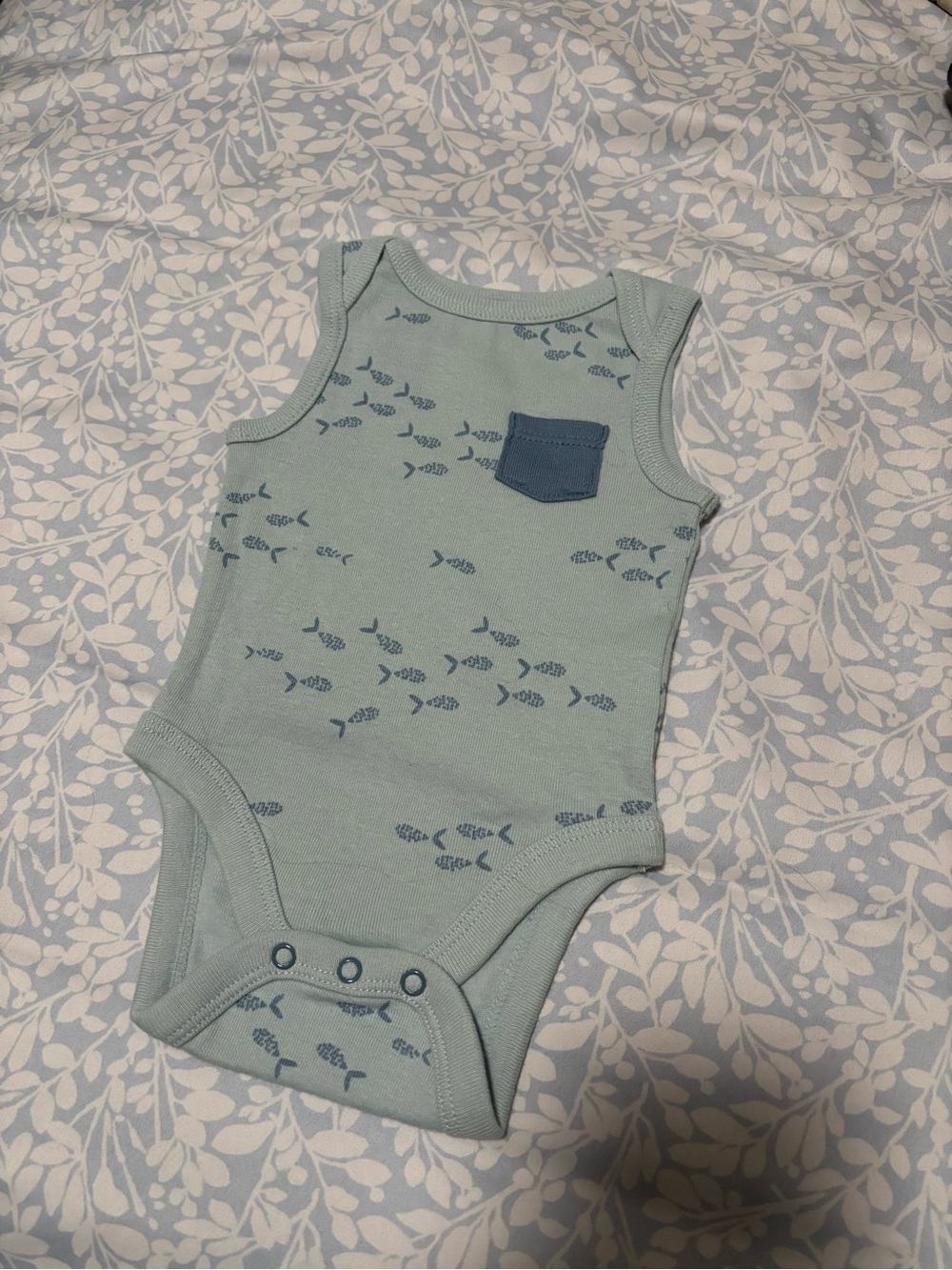 cloud island Light Seafoam Sleeveless Bodysuit with Blue Fish Pocket